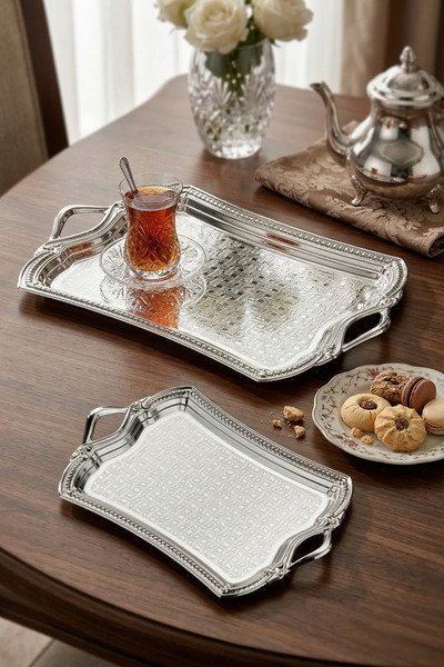Frapan Home CKR 2’li Paslanmaz Çelik Sunum Tepsisi Seti Kulplu Parlak Gümüş S...