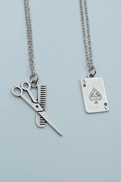 ıdr 2'li Berber Makas Tarak Maça As Poker Gümüş Kaplama Kolye Seti