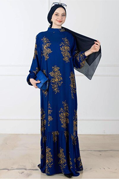 TRENDTESETTÜR KADIN LACİVERT (SAKS) DESENLİ ELBİSE T 7744