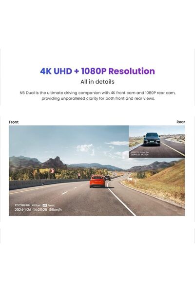 DDPAI كاميرا سيارة أمامية وخلفية بدقة 4K، كاميرا سيارة بدقة 2160 بكسل + 1080 بكسل مع صوت مدمج 32 جيجابايت eMMC C