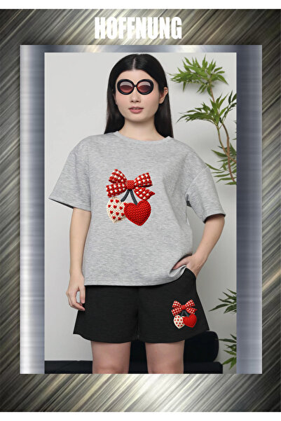 HOFFNUNG Unisex Casual Short Sleeve Set with 2Hearts Print Outdoor Spring/Sum...