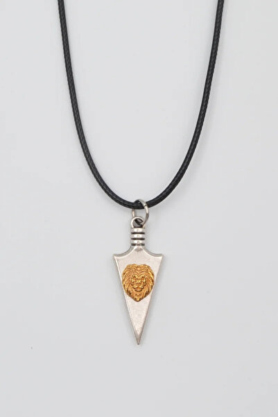 ıdr Ok Ucu Aslan Kolye - PU Deri İp Zincirli Unisex Gümüş Kaplama Kolye - 60 cm