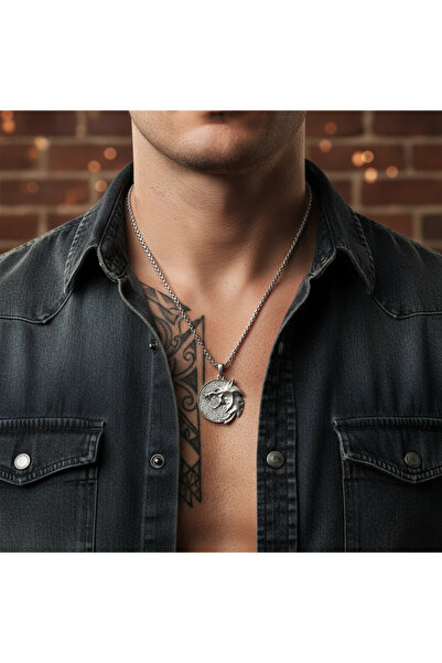 Alooya Witcher 3 Madalyon Gümüş Kaplama Örme Zincir Kolye
