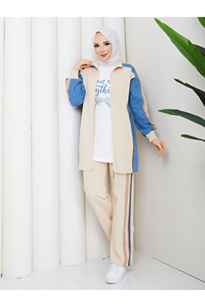 moda4b 3 Piece Women's Sports Set Two Thread Pa Cotton Ot Detailed Striped Se...