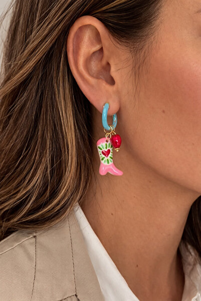 Markiz Takı Murano Cam Pembe Çizme Kalp Detay Küpe