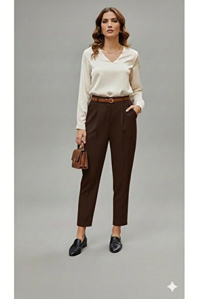 ECEYLÜL MODA Brown High Waist Ultra Stretchy Stretch Fabric Carrot Pants - Co...