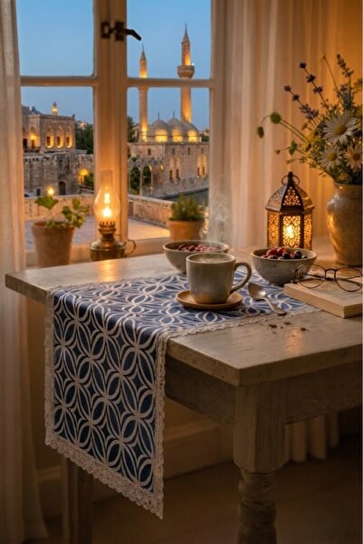 Rona Home Runner decorativ de masă cu franjuri din dantelă cu model geometric...