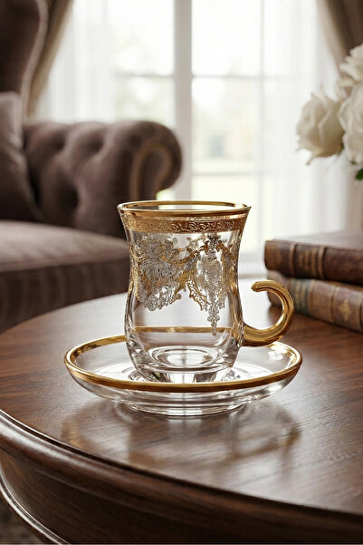 SQUALO طقم كاسات شاي تركي – 6 حبات بنقوش ذهبية مع أطباق