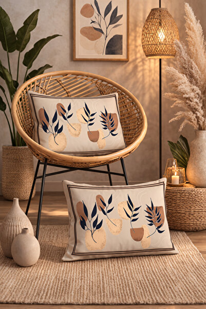 SasoHome Μοντέρνα σχεδίαση Ναυτικό μπλε μοτίβο φύλλων σε κρεμ φόντο 2 τεμαχίω...