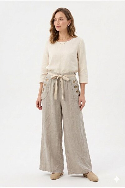 della moor Women's Beige Italian Pocket Buttoned Rope Ke Belt Bo Wide-Leg E L...