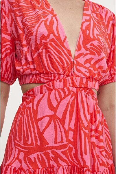 FASHION COCKTAIL Soft Desenli Akışkan Yazlık Kumaşlı Kısa Kol Bel Dekolte Las...