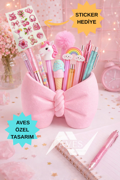 Aves Tasarım Fiyonk Formlu Makyaj, Kalemlik & Masa Düzenleyici (STICKER HEDIY...