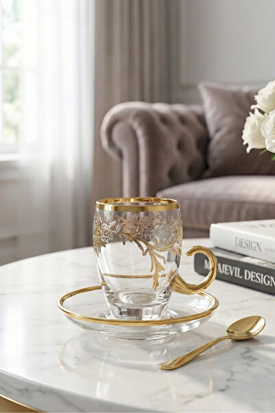 SQUALO طقم كاسات شاي تركي – 6 حبات بنقوش ذهبية مع أطباق