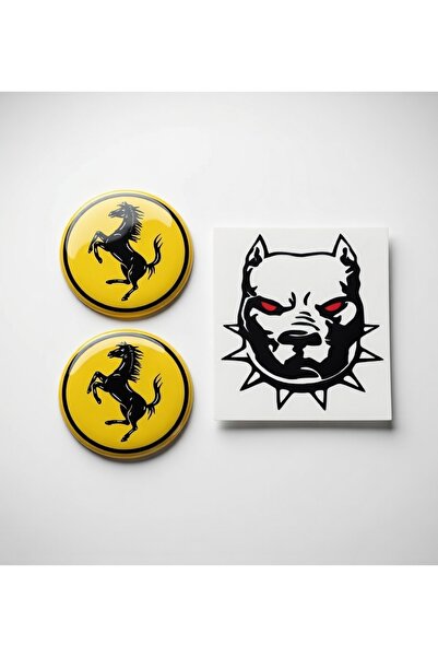 İŞCAN MOTOR Ferrari Logo Sarı (5X5 CM) İkili Damla Etiket Sticker + Pitbul St...