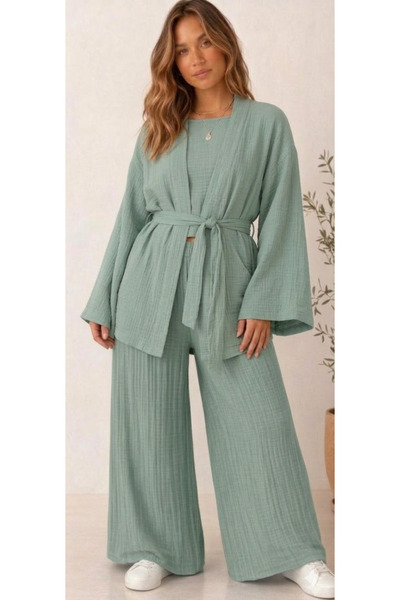 estewoman كيمونو وبنطلون 100% قطن موسلين - طقم من قطعتين