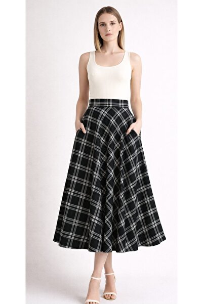 Dagü Design Women's Plaid Patterned Black and White Long Flared Skirt