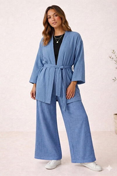 estewoman كيمونو وبنطلون 100% قطن موسلين - طقم من قطعتين