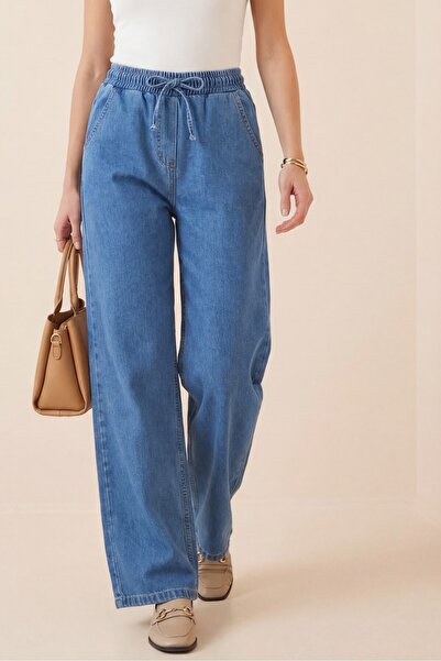 HİJABAYA Beli Lastikli Cepli Bol Paça Kot Pantolon