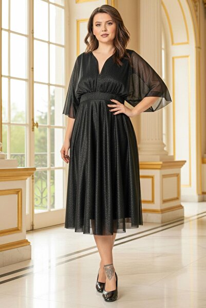 Fahima Simli tul Rochie de seară confortabilă, mărime mare, neagră FHM902