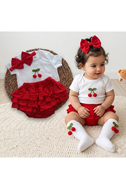 Genel Markalar Kız Bebek Kırmızı Ponpon Kiraz Fırfır Şort Etek Bodyli Çorap T...