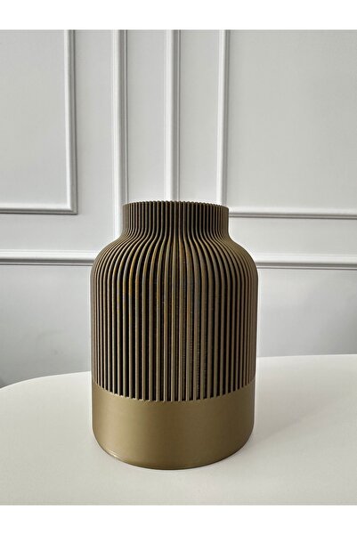 ALFA3DBASKI MODERN OLUKLU DEKORATİF VAZO BRONZ RENK 16 CM