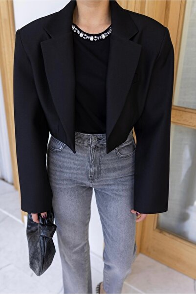 Zey Studio Jachetă neagră de damă, cu detaliu de vată