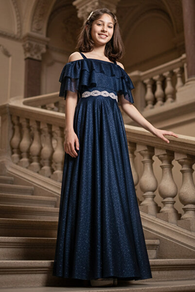 Modaviki 9-16 Yaş Beli İşlemeli Simli Tül Çocuk Abiye Lacivert MDV314