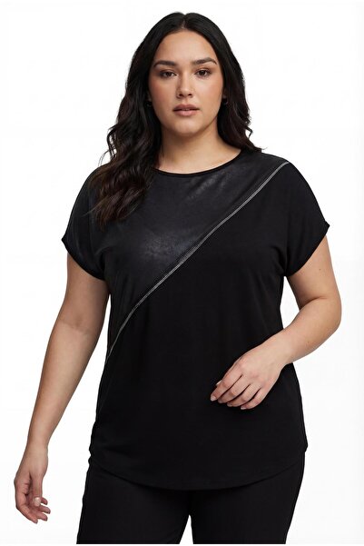 Ebsumu Women's Large Size Sleeveless Leather and Stone Detailed Black Blouse