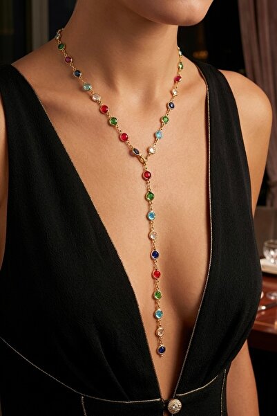 Markiz Takı Y Kolye Damla Renkli Taşlı 60 cm