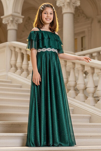 Modaviki 9-16 Yaş Beli İşlemeli Simli Tül Çocuk Abiye Petrol MDV314