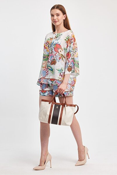 Aron Atelier حقيبة يد نسائية متوسطة الحجم من قماش هافانا بتفاصيل مخططة (12x23...