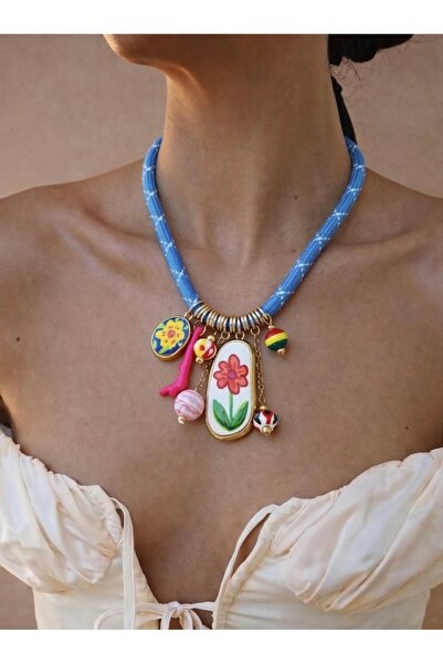 Markiz Takı Mavi Halat Kolye Renkli Charm 45 cm + 5 cm uzatma