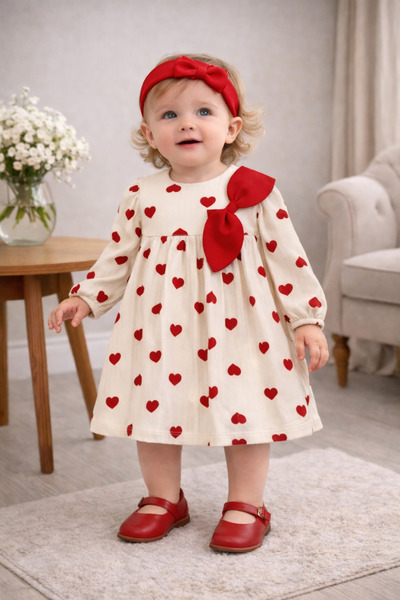 minicayzen Heart Patterned Baby Girl Dress with Stylish Buckle Accessories