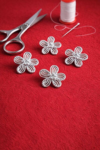 beyna aksesuar Metal Flower Button 2.5 cm Silver Plated 1 Pack 5 Pieces