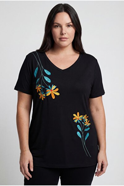 Ebsumu Γυναικεία Μαύρη Μπλούζα Μεγάλου Μεγέθους Χρώμα Με κέντημα