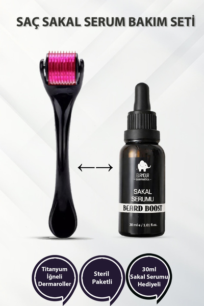 ELAMOUR 540 Titanyum İğneli Dermaroller - Saç Sakal Bakım Yağı Seti Siyah -