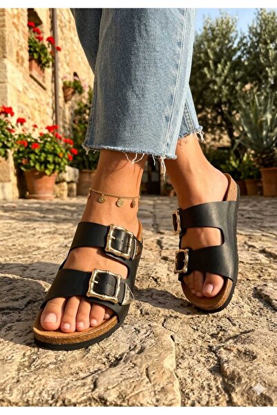 McDark Γυναικείες μαύρες δερμάτινες παντόφλες με ορθοπεδική σόλα από φελλό κα...