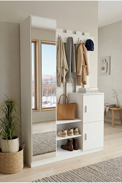 Robin Home Lenka Aynalı Vestiyer Portmanto Ayakkabılık Beyaz