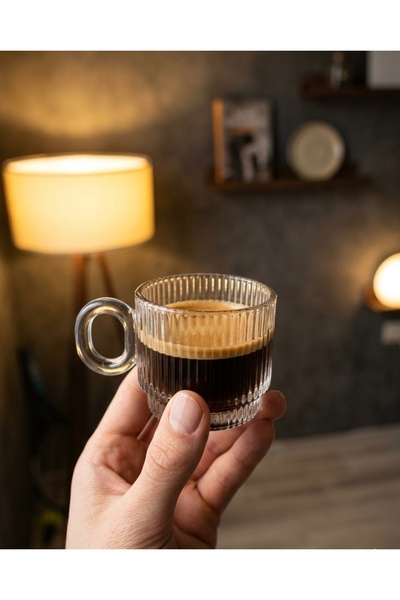 L'Opaline 6’lı Mini Cam Fincan Seti Şeffaf Kulplu Kahve Espresso Türk Kahvesi...