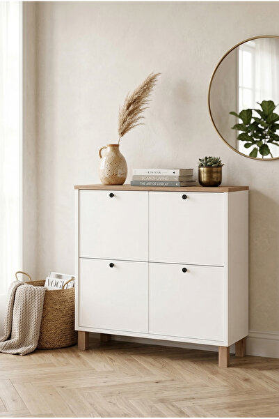 Robin Home Alaska Ayakkabılık Çok Amaçlı Dolap 4 Kapaklı Ahşap Ayaklı Sepet-B...