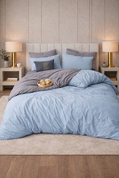 MORE HOME طقم غطاء لحاف مفرد مع ملاءة مطاطية باللون الأزرق-أنثراسيت