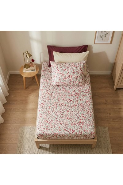 ELEGANCEHOME طقم 100% قطن مفرد ملاءة مطاطية - 100x200 سم - أحمر بنقشة زهور - ملمس ناعم