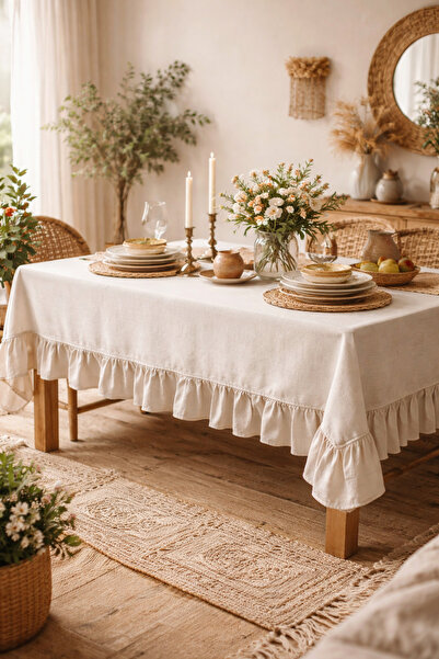 KaiHome Τραπεζομάντιλο βολάν από βιολογικό ακατέργαστο λινό 160x220cm