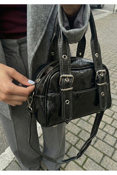 Belinabag Siyah Kontrast Dikişli Kadın Mini Çapraz El ve Omuz Çantası