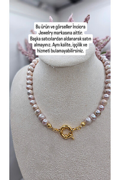 İNCİORA JEWELRY GERÇEK DOĞAL İNCİ PEMBE/MOR 8-9 mm GEMİCİ KİLİTLİ KOLYE