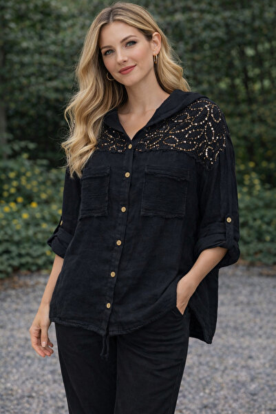 Butik Şans سترة من الكتان الإيطالي مع قلنسوة مطرزة ومزينة بالزخارف من الجبير