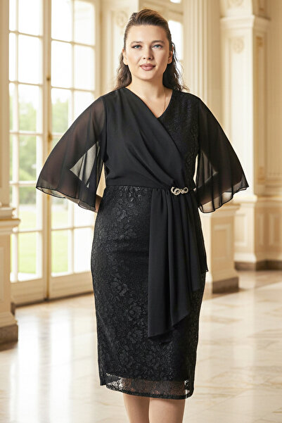 Modaviki Büyük Beden Şifon Detaylı Dantel Abiye Elbise Siyah MDV390