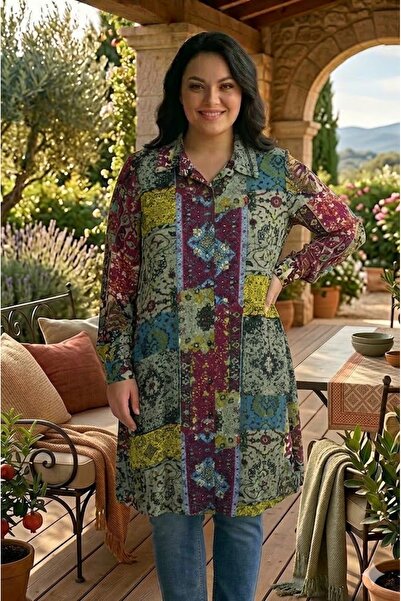 elma abone Plus Size Women's Summer Patterned Viscose Tunic Shirt