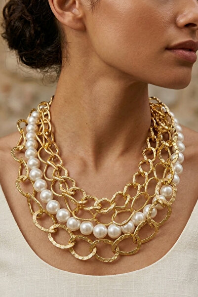 PETEK AKSESUAR KADIN 4 SIRA İNCİLİ ZİNCİR ÇOKLU KOLYE