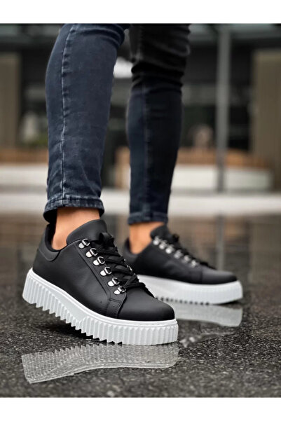 BOA BA0505 Çengel Bağcıklı Siyah Renk Beyaz Tabanlı Günlük Ayakkabı